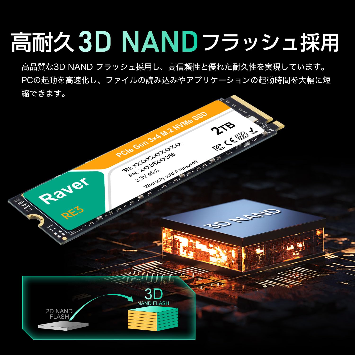 Amazon | SSD 2TB 内蔵型 PCIe Gen3x4 M.2 NVMe 2280 3300MB/s 3D NAND